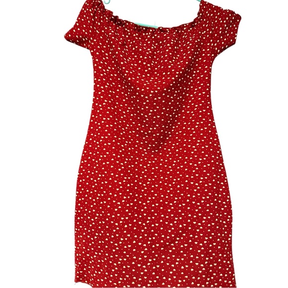 Heart Print Off Shoulder Dress, Elegant Short Sleeve Lettuce Trim Dress - Picture 3 of 4